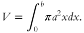 upper V equals integral Subscript 0 Superscript b Baseline pi a squared italic x d x period