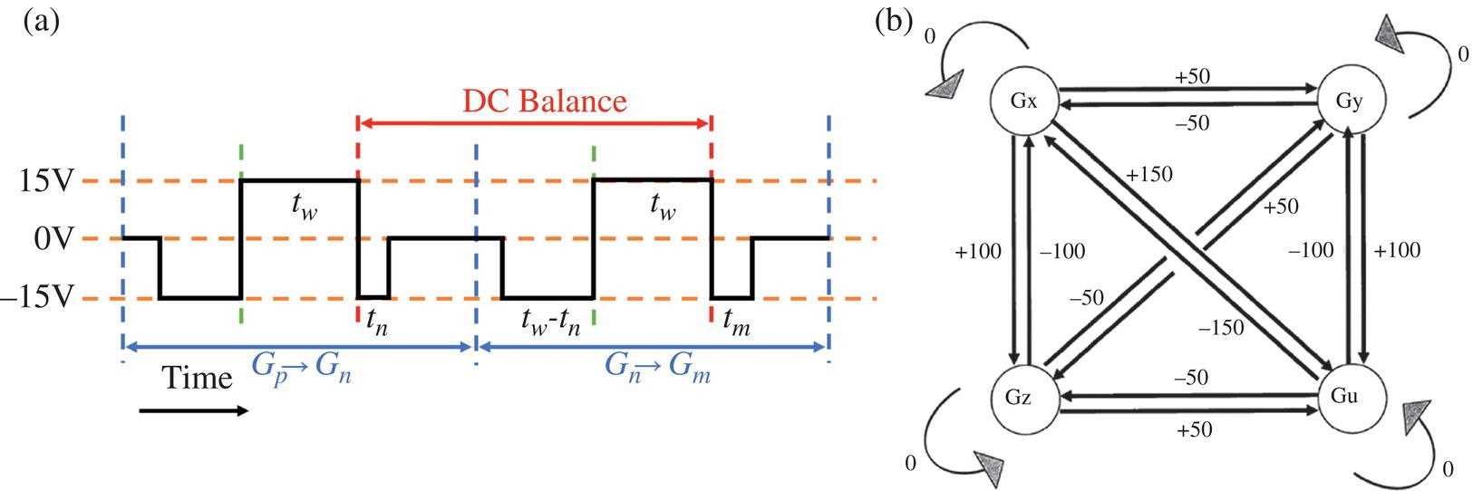 Schematic illustration of the driving method of Global DC balance: (a) general concept; (b) an example.