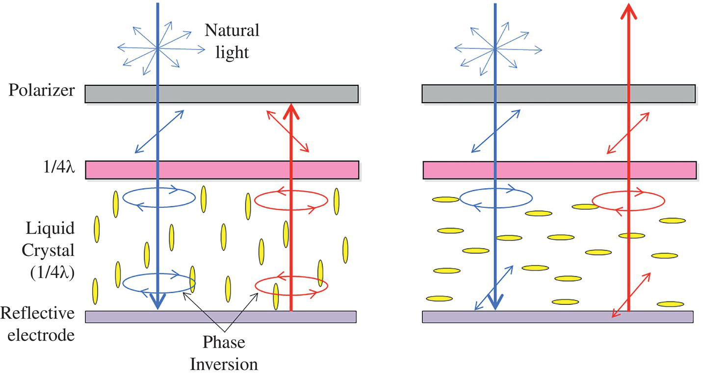 Schematic illustration of reflective optical switching mechanism of ECB and VA mode LCDs.