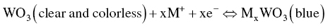 upper W upper O 3 left-parenthesis c l e a r a n d c o l o r l e s s right-parenthesis plus x upper M Superscript plus Baseline plus x e Superscript minus Baseline left right double arrow normal upper M Subscript normal x Baseline upper W upper O 3 left-parenthesis b l u e right-parenthesis