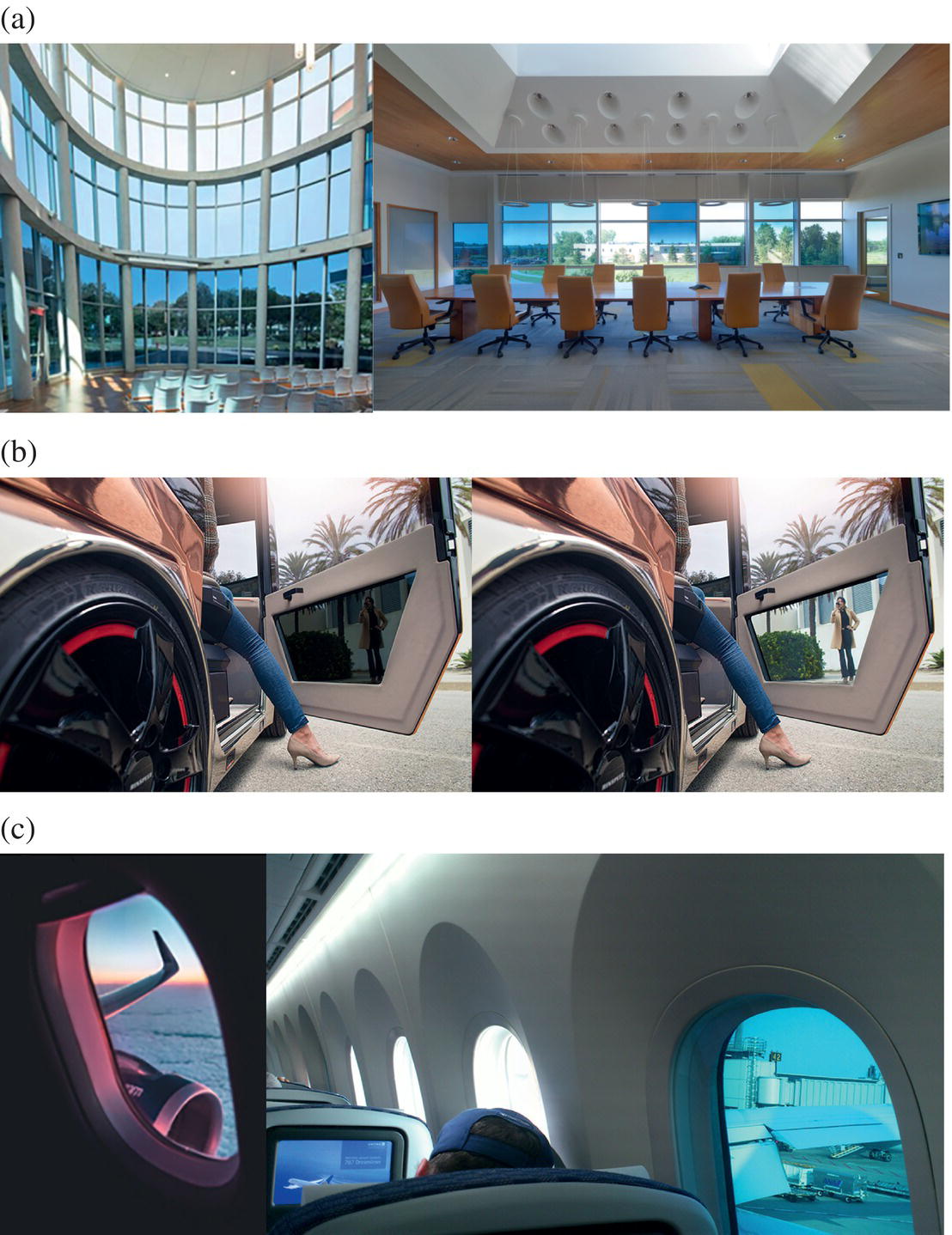 Photos depict a few electrochromic applications.