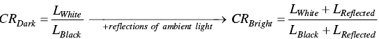 upper C upper R Subscript upper D a r k Baseline equals StartFraction upper L Subscript upper W h i t e Baseline Over upper L Subscript upper B l a c k Baseline EndFraction right-arrow Underscript plus r e f l e c t i o n s normal o f normal a m b i e n t normal l i g h t Endscripts upper C upper R Subscript upper B r i g h t Baseline equals StartFraction upper L Subscript upper W h i t e Baseline plus upper L Subscript upper R e f l e c t e d Baseline Over upper L Subscript upper B l a c k Baseline plus upper L Subscript upper R e f l e c t e d Baseline EndFraction