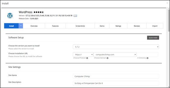 Snapshot shows installing WordPress on Bluehost.