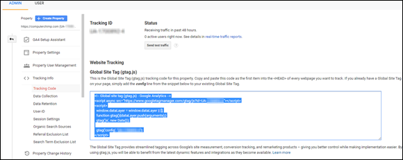 Snapshot shows copying the code in the Global Site Tag box.