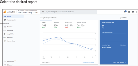 Snapshot shows Google Analytics displays site metrics.