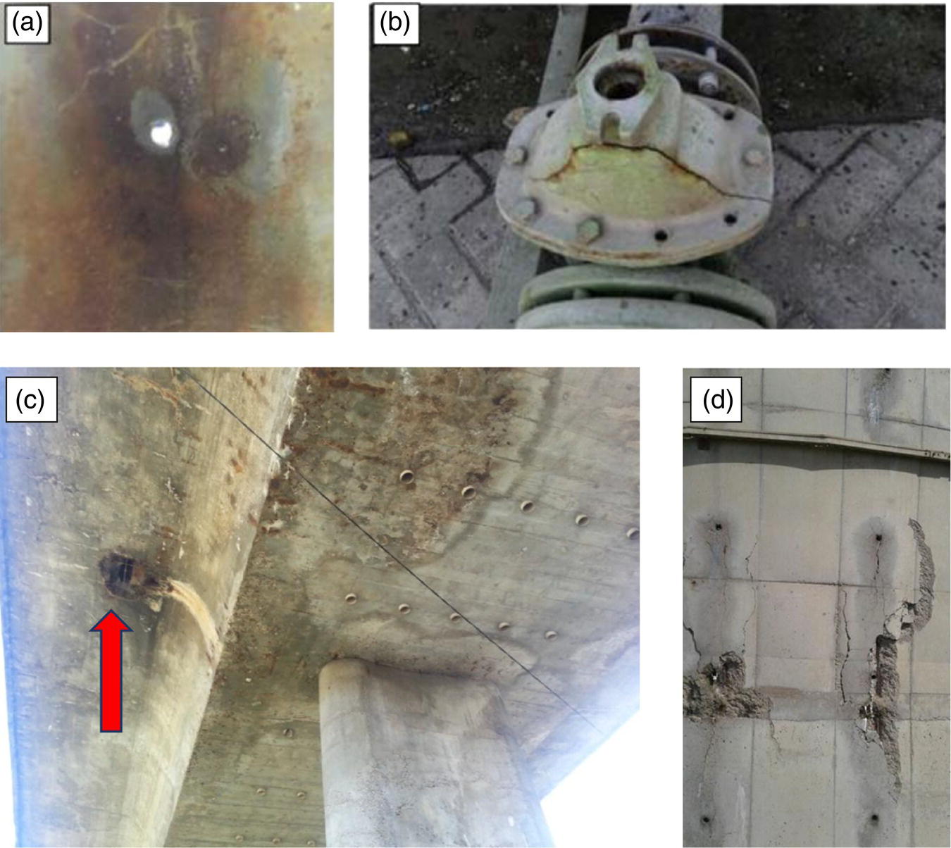 Photo depicts (a) a through-wall hole of a stainless steel 316 pipe in which seawater remained stagnant for four months. (b) A cracked connection still used in a petrochemical complex. (c) Failure of reinforced concrete surface below a concrete highway bridge. (d) Spalling on the concrete wall of a cooling tower that looks toward sea.