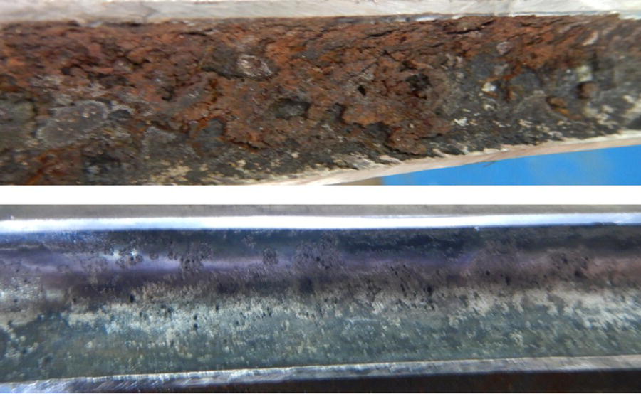 Photo depicts internal surface of a tube in a gas heater; corrosion products and black deposition before cleaning (top), and localized attack and high density of pits after cleaning (bottom).