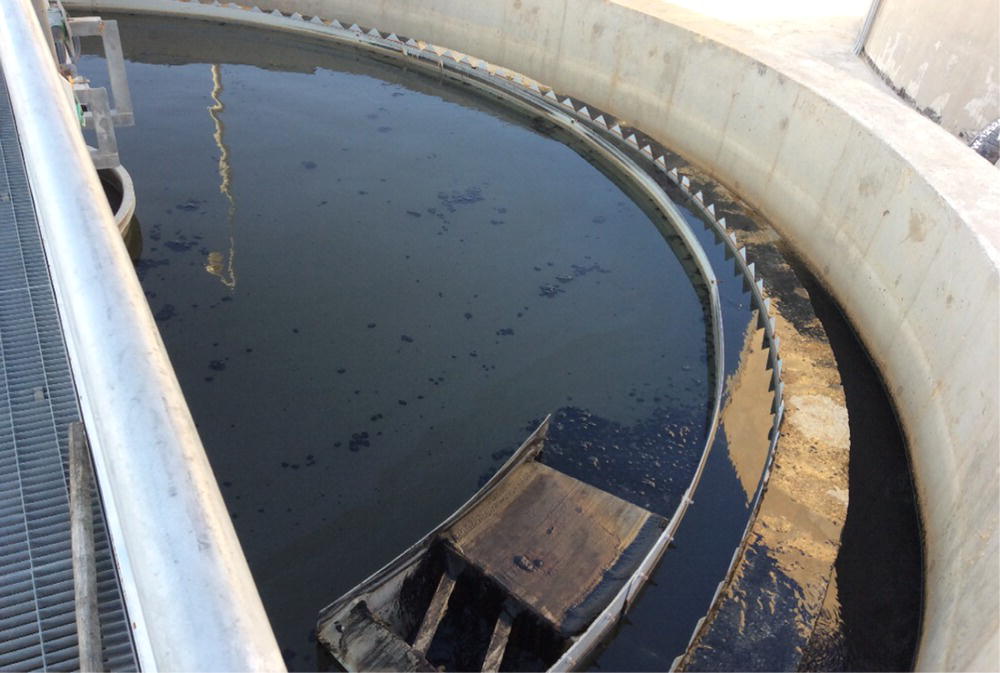 Photo depicts free-oil layer on clarifier next to a BIOX filter.