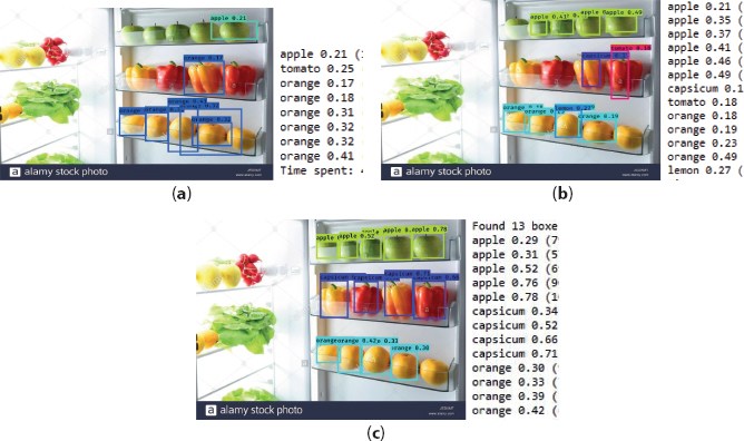 Photographs of the object detection using YOLO model trained with 100 (a) versus 200 (b) versus 500 (c) images.