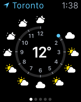 Snapshot of Apple Watch providing the Weather app.