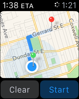 Snapshot of getting directions to a location, such as a local business, by using the Maps app.