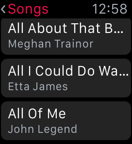 Snapshot of the Apple Watch displaying store music that synced from your iPhone. You can also control tunes on your iPhone or stream directly from Apple Music.