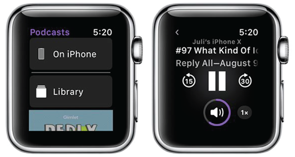 Photos depict sync or stream the favorite podcasts right to your wrists, and then to your Bluetooth headphones.