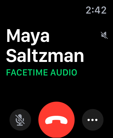 Snapshot of placing a FaceTime audio call from your wrist. If the person you’re calling has FaceTime, it will appear as an option.