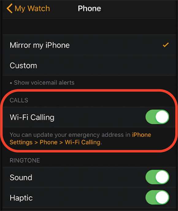 Snapshot of enabling Wi-Fi calling on both your iPhone and Apple Watch lets you place or accept calls over a Wi-Fi network.