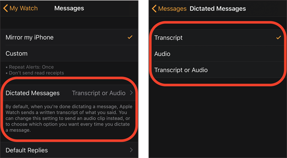 Snapshots of using the voice to reply to message. The Messages area on the Apple Watch app (left) allows you to either send dictated text or a voice recording (right).