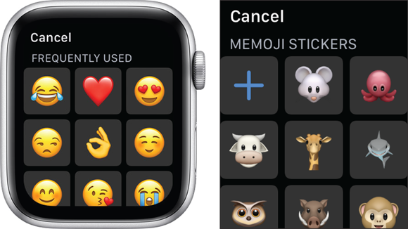 Photos depicts selecting a regular emoji (left) or an animated Memoji (right).