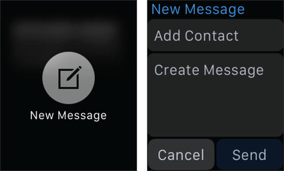 Snapshots of New Message (left) and choosing a contact to whom to send a message, you can tap Create Message to compose the message (right).