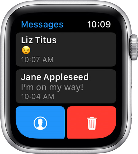 Photo depicts deleting conversations from Apple Watch by swiping to the left on a message and tapping the Trash can.