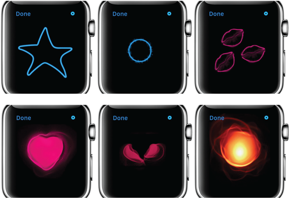 Photos depict using Digital Touch options to communicate from one Apple Watch to another. Clockwise starting at top left: Sketch, Tap, Kisses, Show anger, Heartbreak, and Heartbeat.