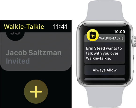 Photos depict sending an invite to someone over Walkie-Talkie (left) and your friend’s wrist displays your request (right).