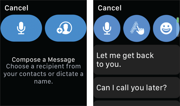 Snapshots of options to send an email include transcribing or choosing a contact (left). Options for the Subject line and Message body are just like messaging options (right). 