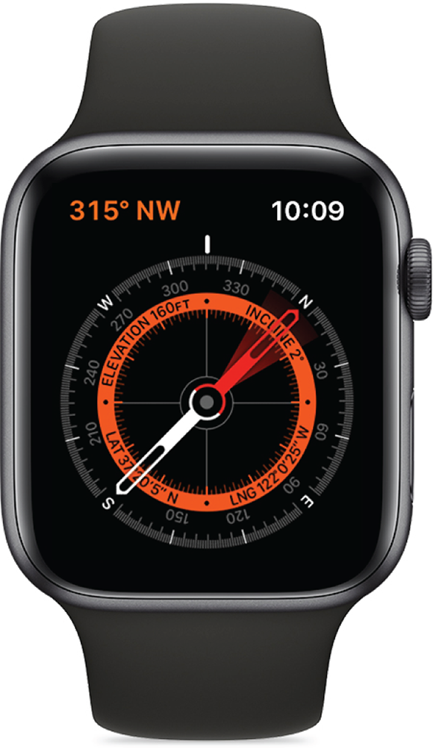 Photo depicts the Compass app on an Apple Watch Series 5 or newer and Apple Watch SE.