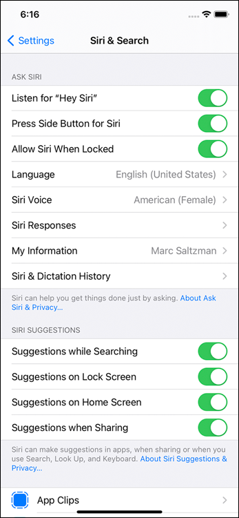 Snapshot of selecting the Siri options on your iPhone, such as voice gender and language.