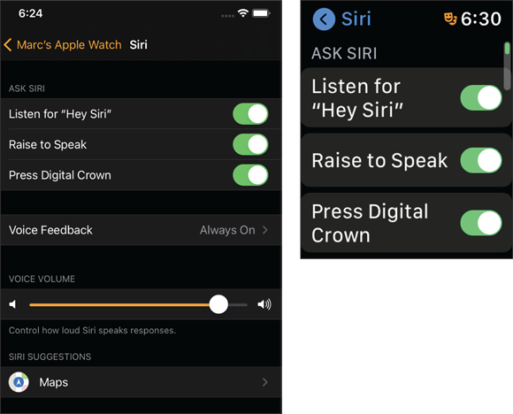 Snapshot of setting up Apple Watch via the iPhone app, enable Siri. Then, on Apple Watch in the Settings, allow for “Hey Siri” to activate your hands-free personal assistant.