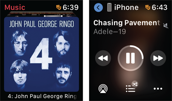 Snapshots of asking Siri to play music whether it’s an artist, song, album, genre, playlist, and so on. It could be streaming from a service such as Apple Music (left) or stored on a nearby iPhone (right).