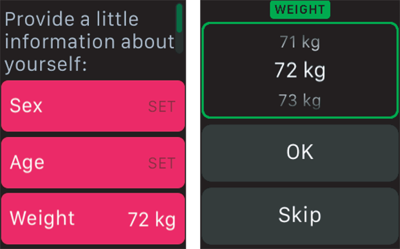 Snapshots of setting started by answering some questions about your gender, age, height, and weight.