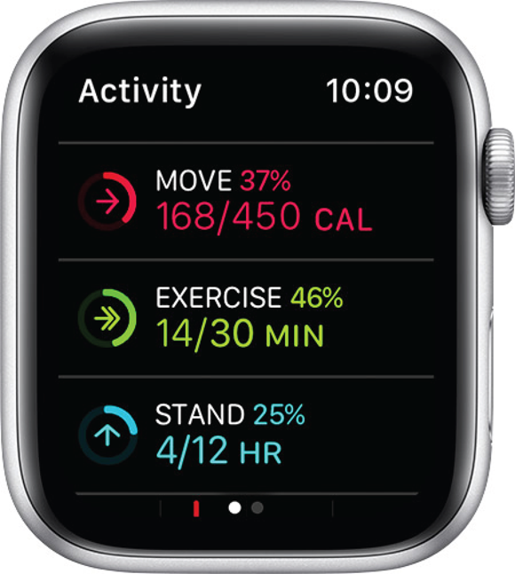 Photo depicts Part of the Activity app, this ring summary screen shows your Move, Exercise, and Stand stats for the day. Just swipe up from the rings screen.