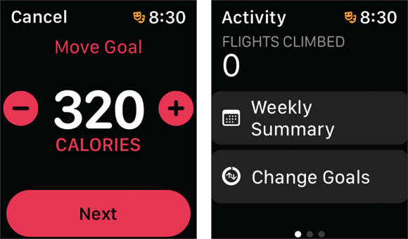 Snapshots of suggesting the goals for Move, Exercise, and Stand, simply scroll down the main Activity screen and tap Change Goals.