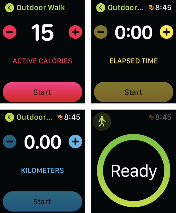 Snapshots of workout numbers start at zero so you can select goals. Or don’t set a goal and go for a run; Apple Watch still calculates your steps, time, distance, and calories.