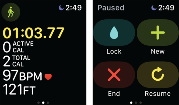 Snapshots of receiving an alert upon achieving a goal (left) can give you incentive to keep going. You can always press the screen to pause or cancel a workout (right).