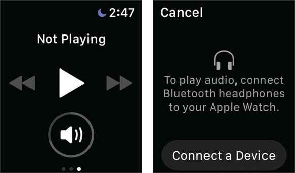 Snapshots of accessing the music while working out with a simple swipe to left (left). You may need to tell the watch where to find music to play, such as a streaming service or locally stored tunes (right).