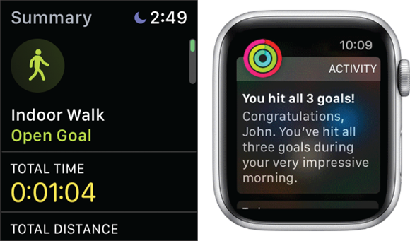 Snapshot and photo depicts swiping for a report on your workout session (left), including distance, calories burned, and heart rate. You’re notified and congratulated if you hit your goal (right).