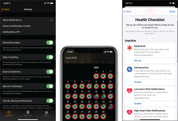 Snapshots of getting nudged into activity by setting reminders to shake your booty (left). View many times you’ve hit your Activity goals per month, in each category (middle), or get in-depth summaries (right) in the Health app.