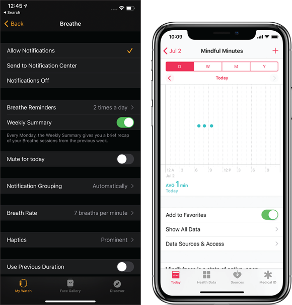 Snapshot and photo depicts  Apple Watch app on iPhone is where you make changes to the Breathe app (left); the Health app on iPhone shows a summary of your breathing exercises (right).