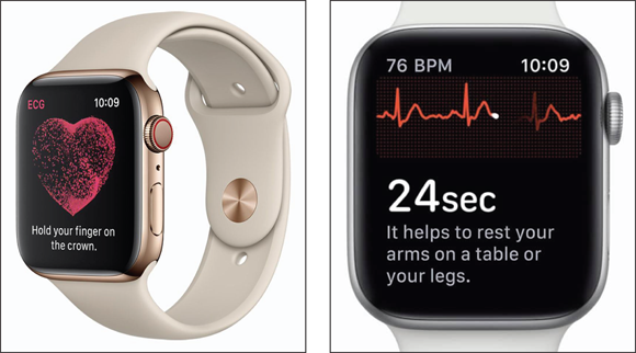 Photos depict Apple Watch can not only detect and display your heart rate (left), but also becomes an ECG that senses abnormalities (right).