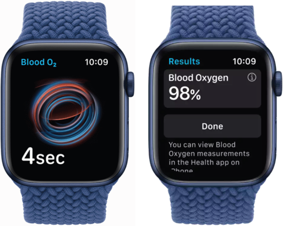 Photos depict taking a reading is super simple so long as your arm is rested comfortably and the watch is on snugly. Start the timer (left) and you see the blood-oxygen saturation percentage after 15 seconds (right).