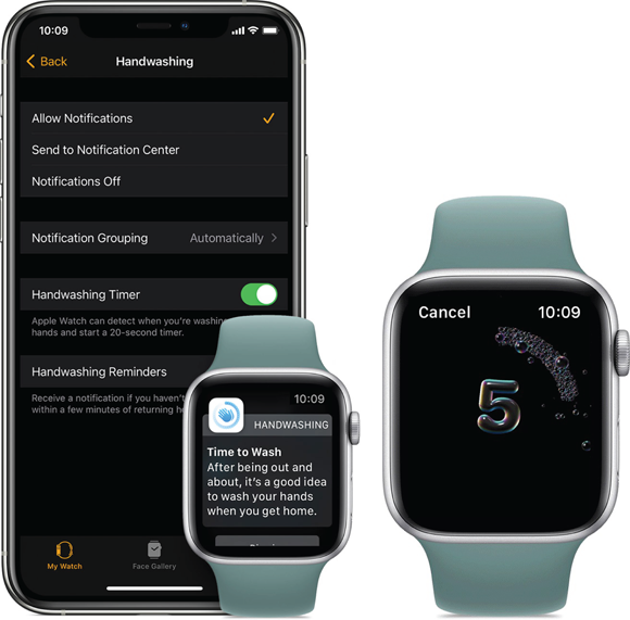 Photos depict disabling hand-washing reminders if you like and only allow the watch to detect when you’re washing your hands to start the timer. This works on Apple Watch Series 4 and newer.