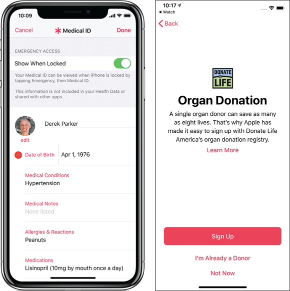 Photos depicts using the Health app on iPhone to create a Medical ID that may be sent to emergency responders via your Apple Watch (left). You might also be prompted with other options, like donating your organs (right).