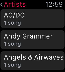 Snapshot of the Artists view inside the Music app on Apple Watch.