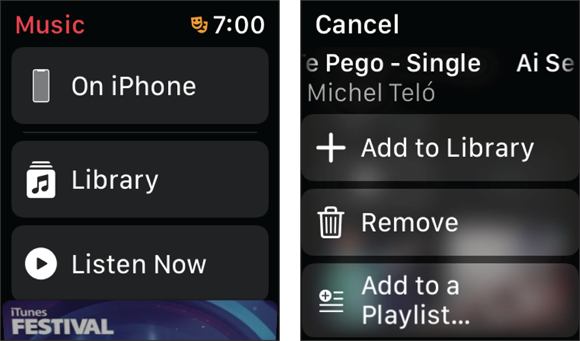 Snapshots of listening to music on your Apple Watch without an iPhone.