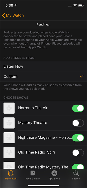 Snapshot of if you don’t want all podcasts automatically synced to your Apple Watch, go into the Apple Watch app and under the Podcast settings, manually choose what you’d like.