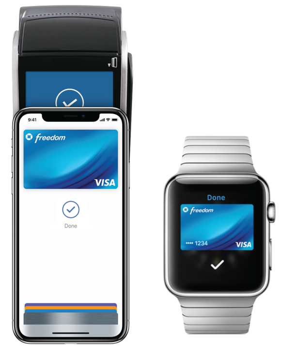 Photos depict tapping your iPhone or Apple Watch to use Apple Pay (left). On Apple Pay for Apple Watch, press the side button twice and tap to pay (right).