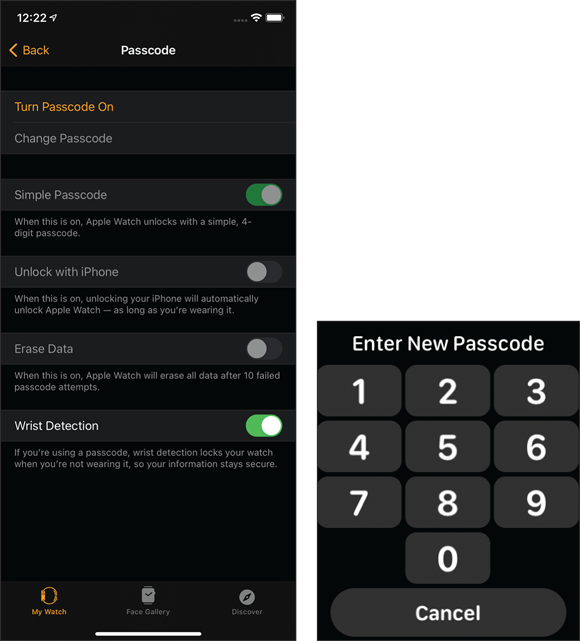 Snapshots of using your iPhone to create your four-digit passcode for your Apple Watch (left). You are prompted to enter one on a virtual keyboard (right).