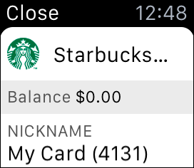 Snapshot of Starbucks is one of the more popular Wallet-supported loyalty cards. This is what the Starbucks app looks like on your Apple Watch.