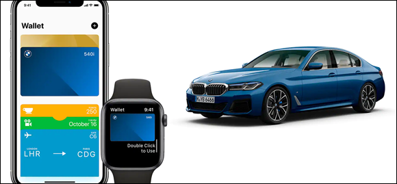 Photos depict using your Apple Watch to unlock and drive your vehicle, such as this BMW.